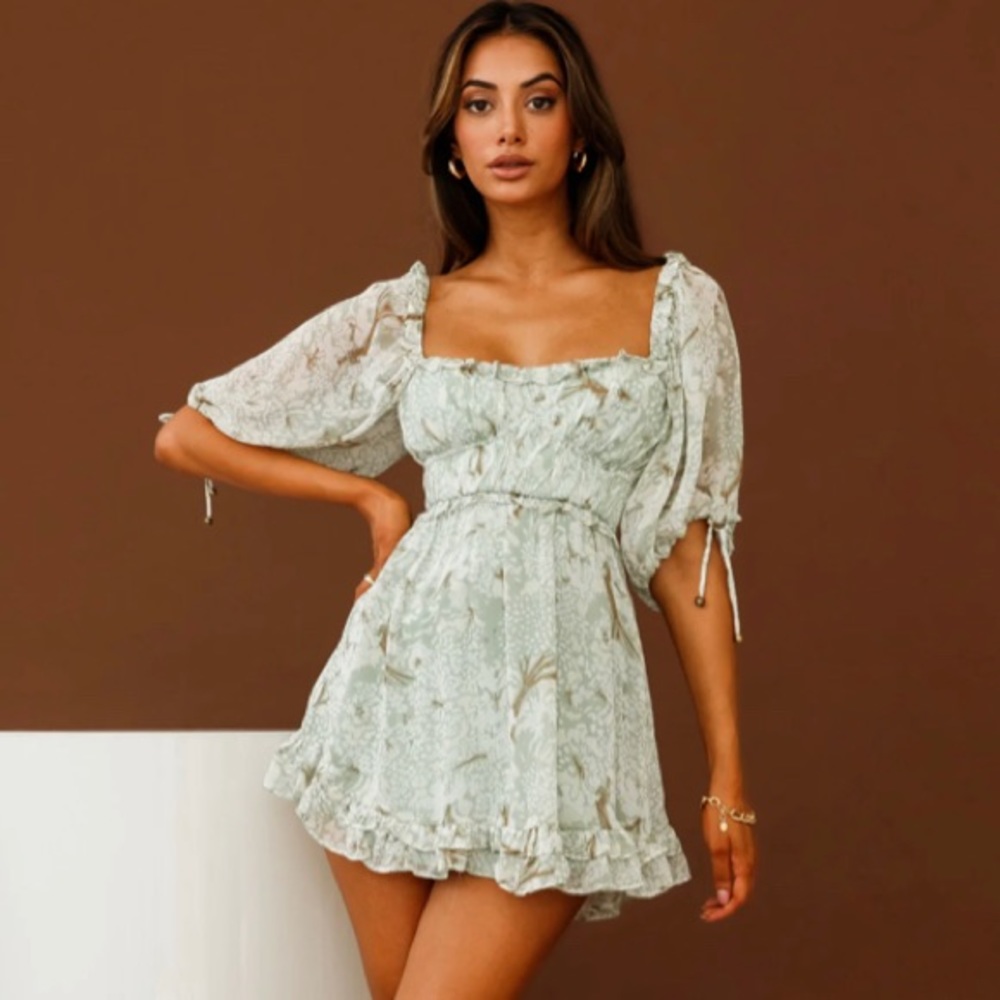 Selfie Leslie Kirra Puffed Sleeve Ruched Bodice Dress Botanic Print